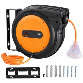 Retractable Extension Cord Reel, 75 FT, Heavy Duty 14AWG/3C SJTOW Retractable Power Cord with Lighted Triple Tap Outlet